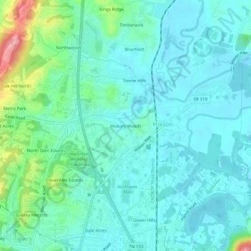 Mappa topografica Hickory Woods, altitudine, rilievo