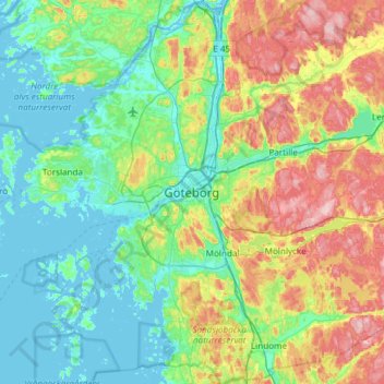 Mappa topografica Gothenburg, altitudine, rilievo