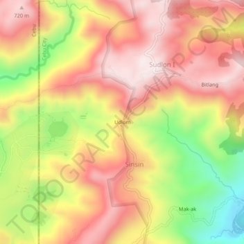 Mappa topografica Udlom, altitudine, rilievo