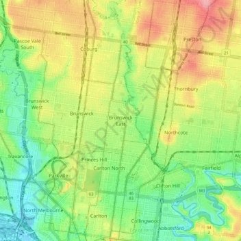 Mappa topografica Brunswick East, altitudine, rilievo