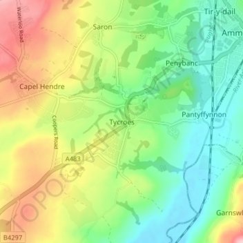 Mappa topografica Tycroes, altitudine, rilievo