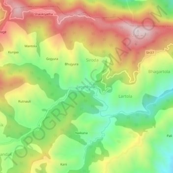 Mappa topografica Jageshwar, altitudine, rilievo