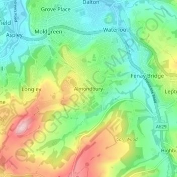 Mappa topografica Almondbury, altitudine, rilievo