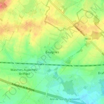 Mappa topografica Baugnies, altitudine, rilievo