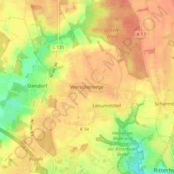 Mappa topografica Werschenrege, altitudine, rilievo