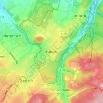 Mappa topografica Hamich, altitudine, rilievo
