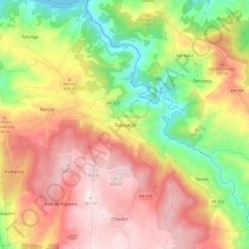 Mappa topografica Tabuaço, altitudine, rilievo