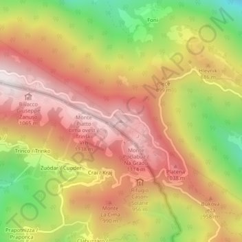 Mappa topografica Monte Piatto cima est, altitudine, rilievo
