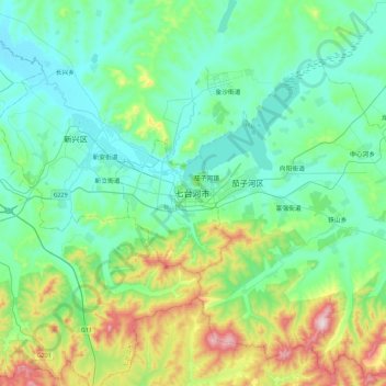 Mappa topografica 七台河市, altitudine, rilievo