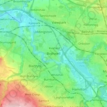 Mappa topografica Bothwell, altitudine, rilievo