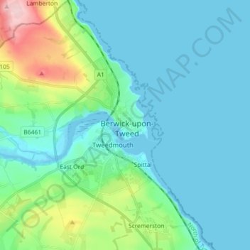 Mappa topografica Berwick-upon-Tweed, altitudine, rilievo
