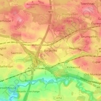 Mappa topografica Bargeddie, altitudine, rilievo