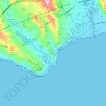 Mappa topografica Bussana, altitudine, rilievo
