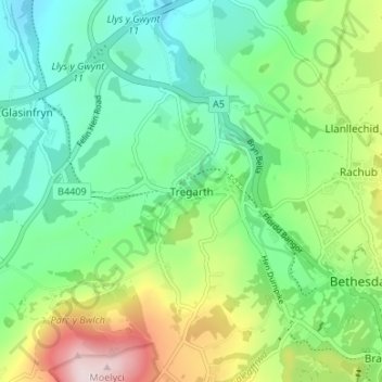 Mappa topografica Tregarth, altitudine, rilievo