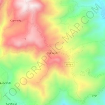 Mappa topografica Jose Galvez, altitudine, rilievo
