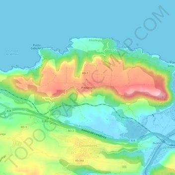 Mappa topografica Pimiango, altitudine, rilievo