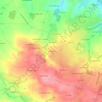 Mappa topografica Le Coteau, altitudine, rilievo