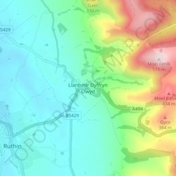 Mappa topografica Llanbedr Dyffryn Clwyd, altitudine, rilievo