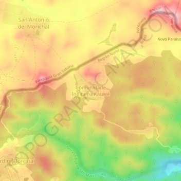 Mappa topografica Comunidade Indígena Kauwê, altitudine, rilievo