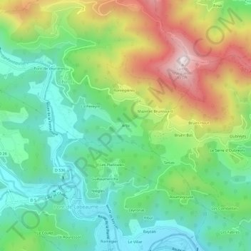Mappa topografica Arlix, altitudine, rilievo
