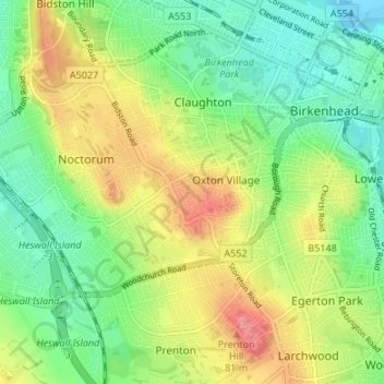 Mappa topografica Oxton, altitudine, rilievo