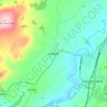 Mappa topografica Llanyre, altitudine, rilievo