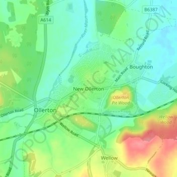 Mappa topografica New Ollerton, altitudine, rilievo