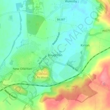Mappa topografica Boughton, altitudine, rilievo