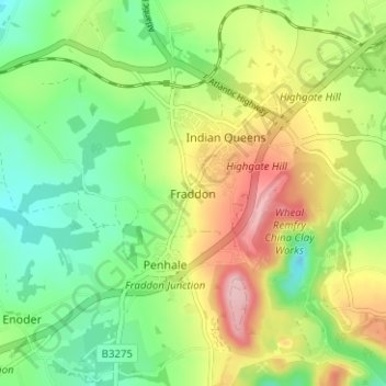 Mappa topografica Fraddon, altitudine, rilievo