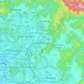 Mappa topografica Ampang Jaya, altitudine, rilievo