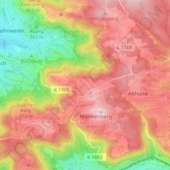 Mappa topografica Lutzenberg, altitudine, rilievo
