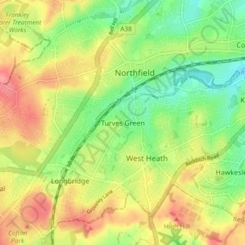 Mappa topografica Turves Green, altitudine, rilievo