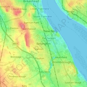 Mappa topografica Bebington, altitudine, rilievo