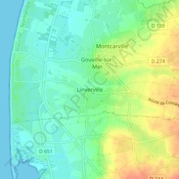 Mappa topografica Linverville, altitudine, rilievo