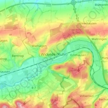 Mappa topografica Wickede (Ruhr), altitudine, rilievo