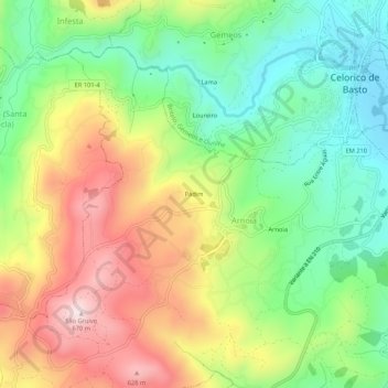 Mappa topografica Padim, altitudine, rilievo