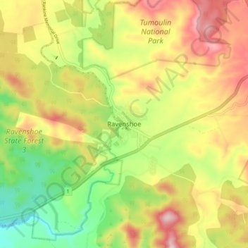Mappa topografica Ravenshoe, altitudine, rilievo