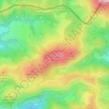 Mappa topografica Zentinela, altitudine, rilievo