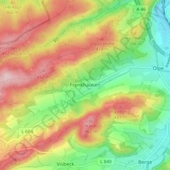 Mappa topografica Frenkhausen, altitudine, rilievo