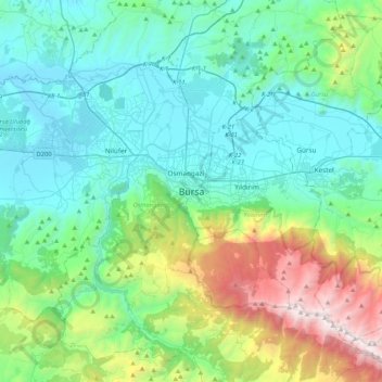 Mappa topografica Bursa, altitudine, rilievo