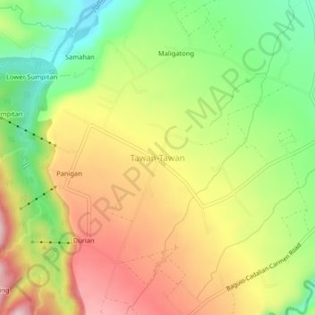 Mappa topografica Tawan-Tawan, altitudine, rilievo