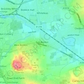 Mappa topografica East Boldon, altitudine, rilievo