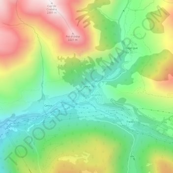 Mappa topografica Unha, altitudine, rilievo