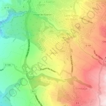 Mappa topografica Villèle, altitudine, rilievo