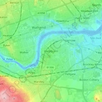 Mappa topografica Hebburn, altitudine, rilievo