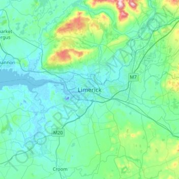 Mappa topografica Limerick, altitudine, rilievo