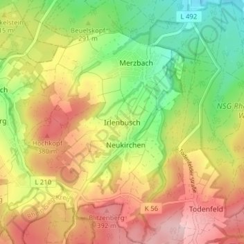 Mappa topografica Irlenbusch, altitudine, rilievo