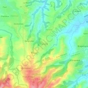 Mappa topografica Pierrette, altitudine, rilievo
