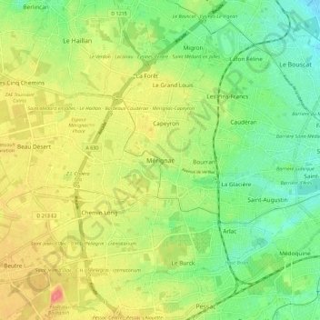 Mappa topografica Mérignac, altitudine, rilievo