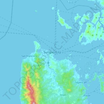 Mappa topografica Surigao City, altitudine, rilievo